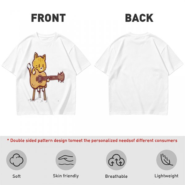 Olive T-shirt with Cute Orange Cat Playing Guitar Graphic