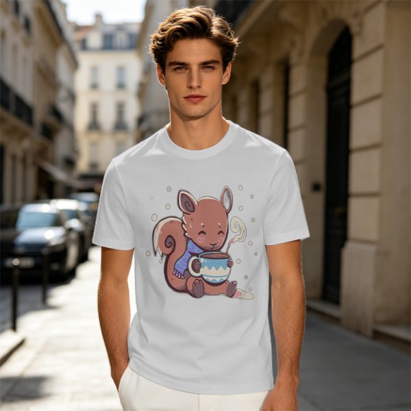 Olive T-Shirt With Cute Squirrel Holding Hot Drink Winter Art