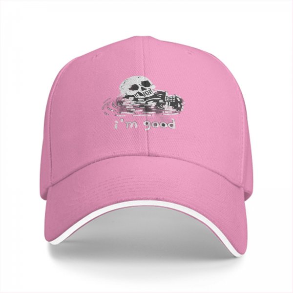 Black baseball cap with skull graphic and 'i'm good' text