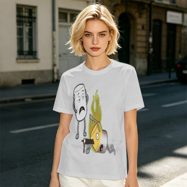 Olive T-Shirt With Cartoon Marshmallow and Burning Character Print