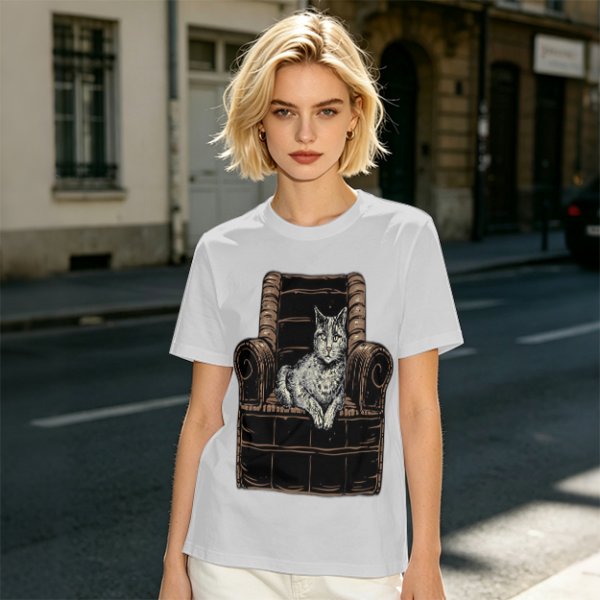 Olive Green T-Shirt With Cat In Armchair Graphic Print