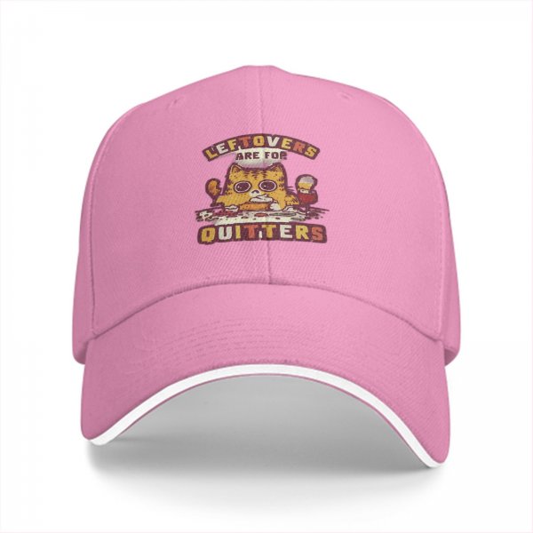 Black baseball cap with 'Leftovers Are For Quitters' cat graphic