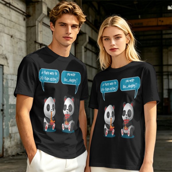 Olive t-shirt with pandas discussing life beyond eating and sleeping