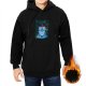 Black hoodie with a blue Christmas monster wearing a Santa hat and fairy lights