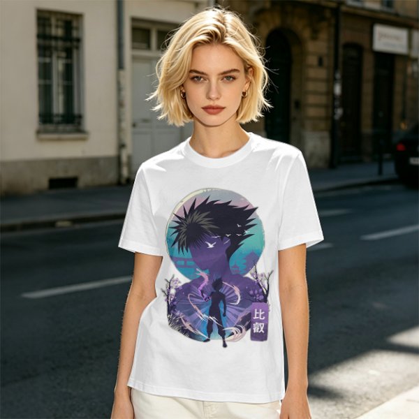 Anime character silhouette graphic tee with stylized purple and blue art