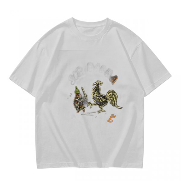 Olive Green T-Shirt With Knight Vs Rooster Fantasy Graphic Print