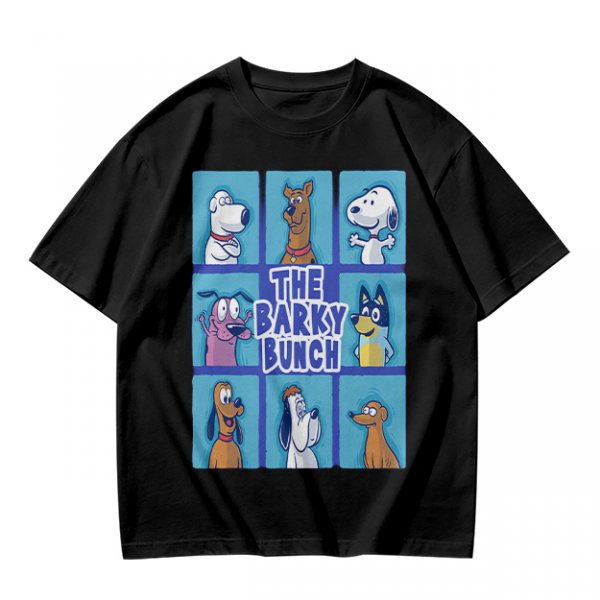 Olive green t-shirt with The Barky Bunch cartoon dog graphic