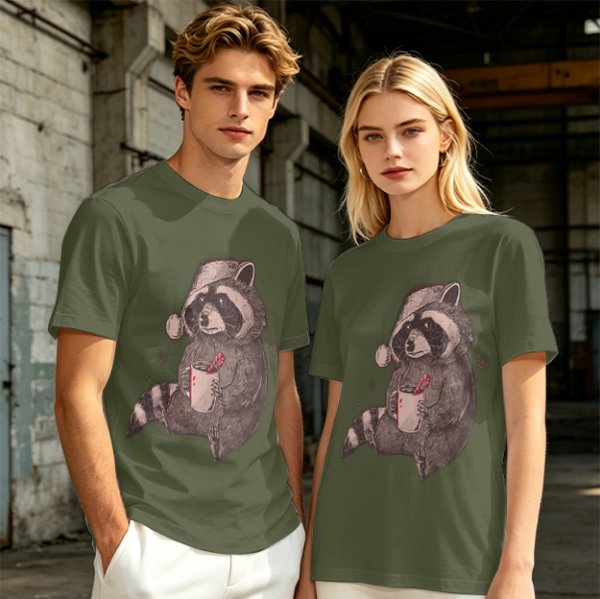 Olive T-Shirt With Raccoon In Santa Hat Holding Mug Print