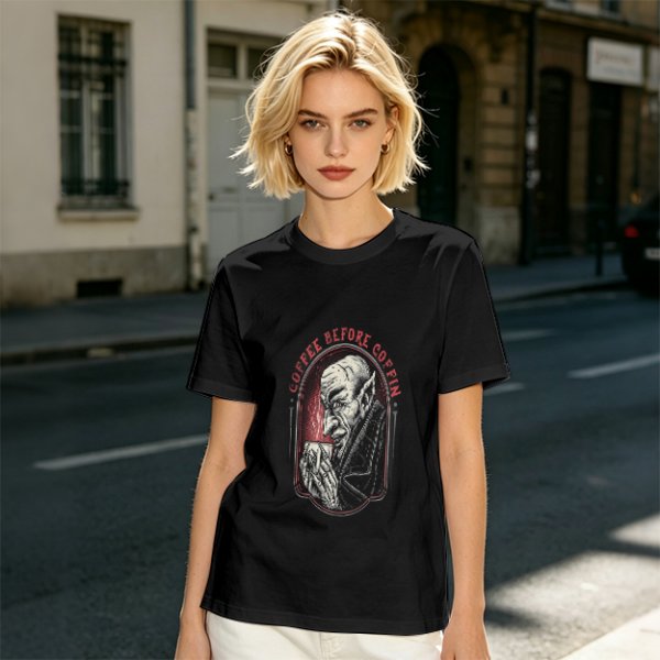 Olive T-Shirt with Vampire Coffee Before Coffin Graphic Print