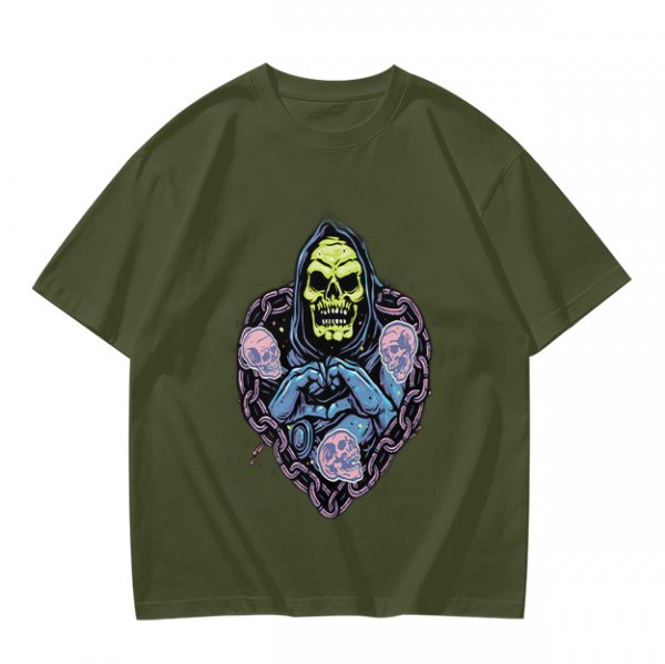 Olive T-Shirt With Grim Reaper Skull And Chain Heart Graphic