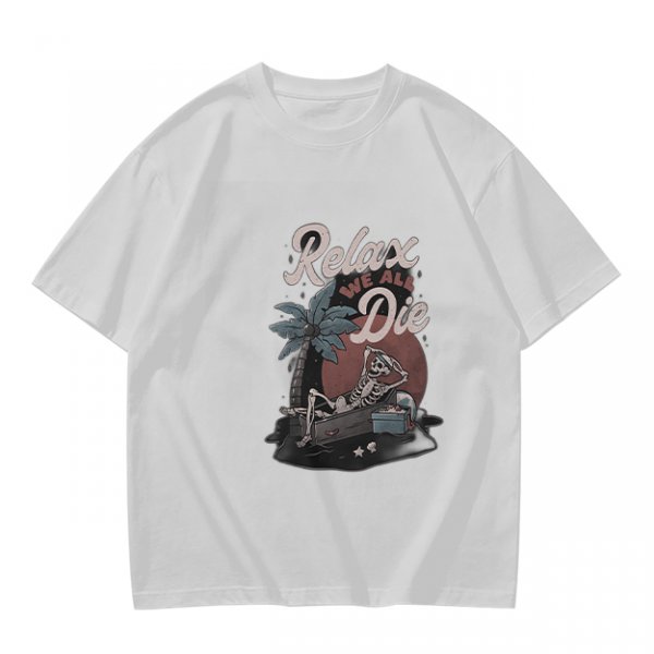 Olive graphic t-shirt with skeleton relaxing on coffin and 'Relax We All Die' text