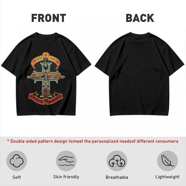 Olive graphic t-shirt with swords n sorcery appetite for sacrifice cross design