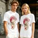 Olive green t-shirt with a cartoon cat eating instant ramen