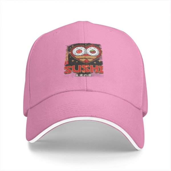 Black baseball cap with sushi heart graphic and text