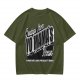 Olive green graphic t-shirt with 'Greetings from Yo Mama's House' print