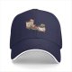 Black baseball cap with playful anthropomorphic coffee cups graphic