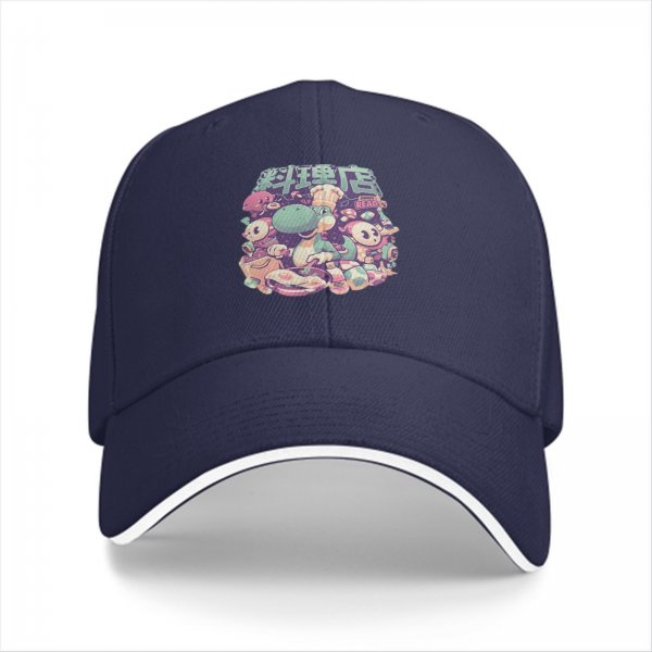 Black baseball cap with cute dinosaur chef and anime character graphic