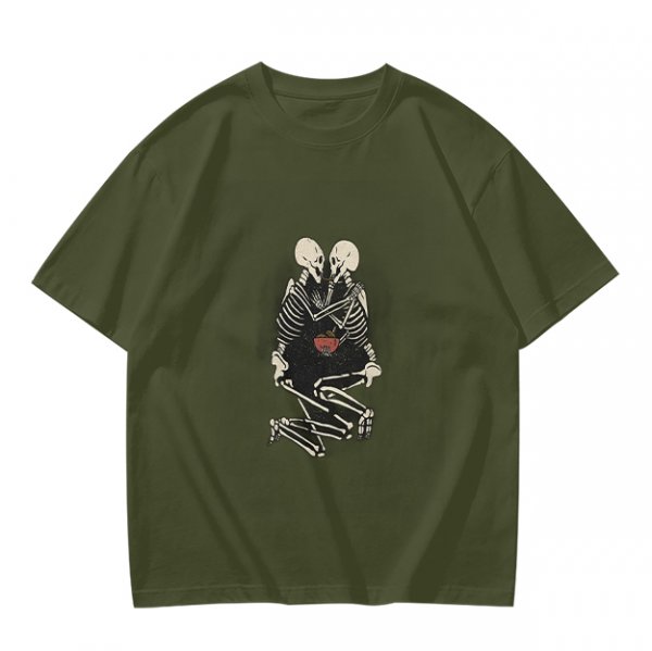 Olive T-Shirt With Skeleton Couple Embracing Red Heart Print