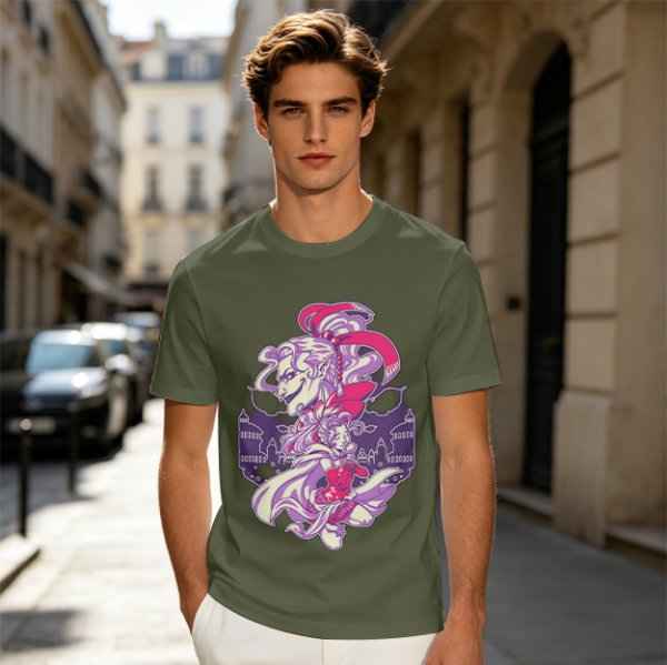 Olive Green T-Shirt With Fantasy Character Graphic Print