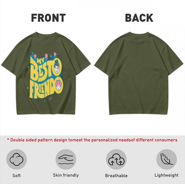 Olive graphic t-shirt with 'MY BESTO FRIENDO' anime character print