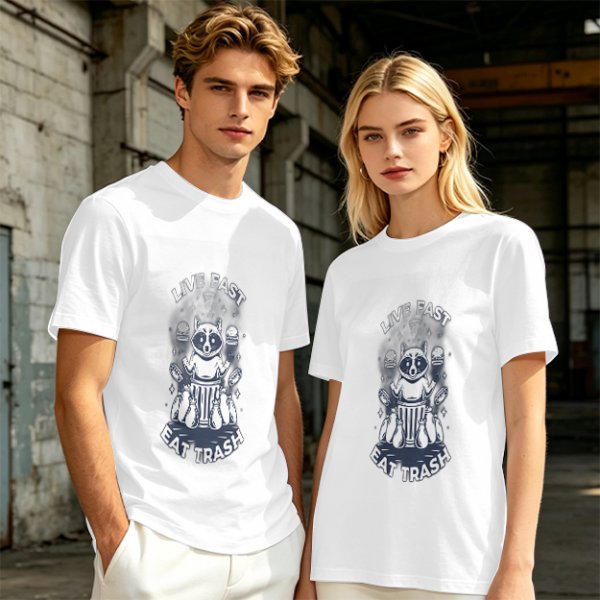 Olive graphic t-shirt with raccoon 'Live Fast Eat Trash' print