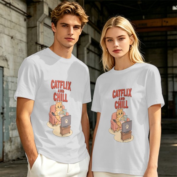 Catflix and Chill Orange Cat Watching TV Graphic T-Shirt