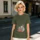 Olive green t-shirt with whimsical elf and dog artwork