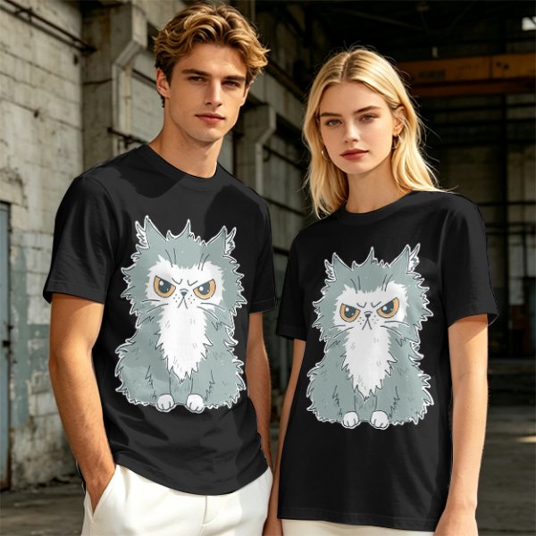 Olive T-shirt with Grumpy Fluffy Gray Cat Graphic Print