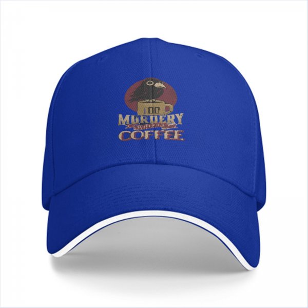 Black baseball cap with 'Too Murdery Without Coffee' crow graphic