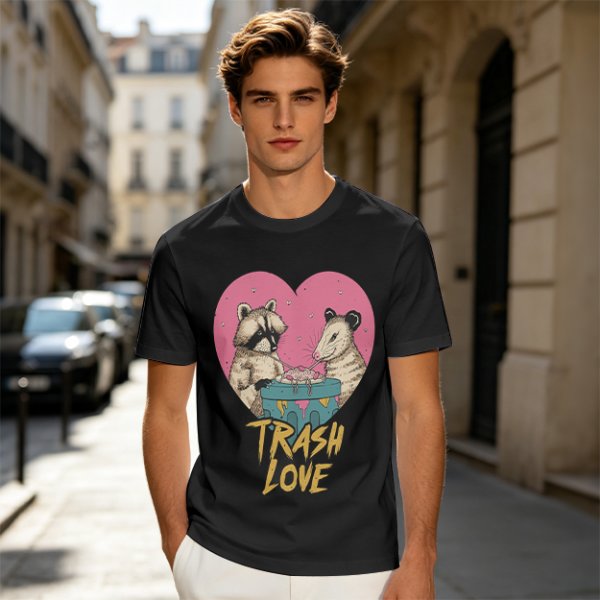 Olive Graphic T-Shirt with Raccoon and Opossum Trash Love Design