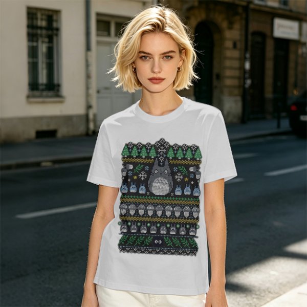 Olive T-Shirt With Totoro Ugly Christmas Sweater Style Print