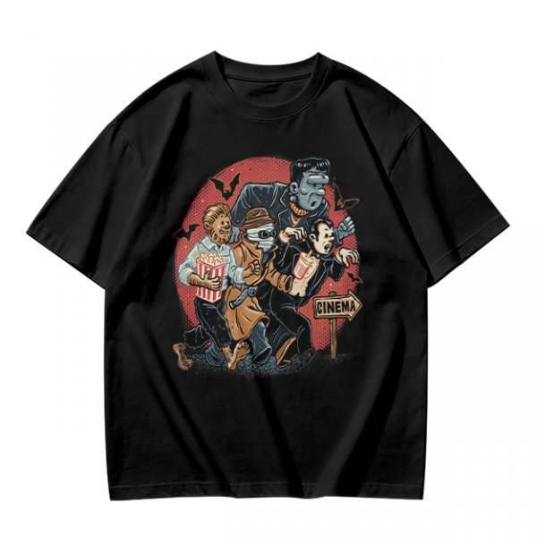 Olive T-Shirt with Classic Horror Monsters Going to Cinema Print