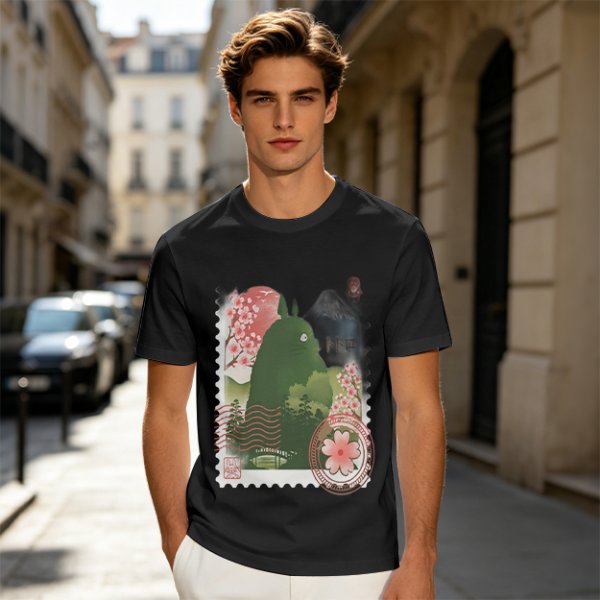 Olive T-Shirt with Totoro Cherry Blossom Stamp Art Print
