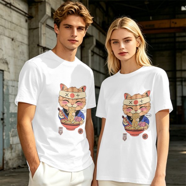 Olive green t-shirt with a cute cat eating ramen graphic