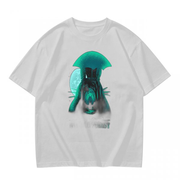 Olive T-Shirt With Glowing Teal Mushroom Creature And Moon Print