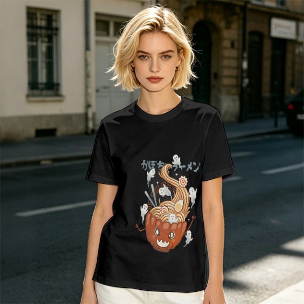 Olive green t-shirt with pumpkin ramen and ghost graphic print