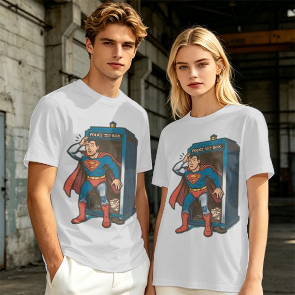 Olive T-shirt with Superman emerging from TARDIS police box graphic