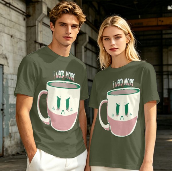 Olive Graphic Tee With Angry Coffee Cup I Need More Print