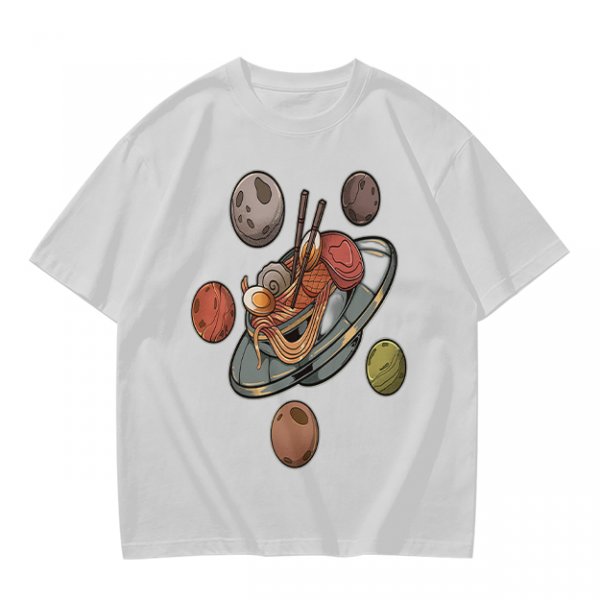 Olive green t-shirt with ramen planet space graphic print