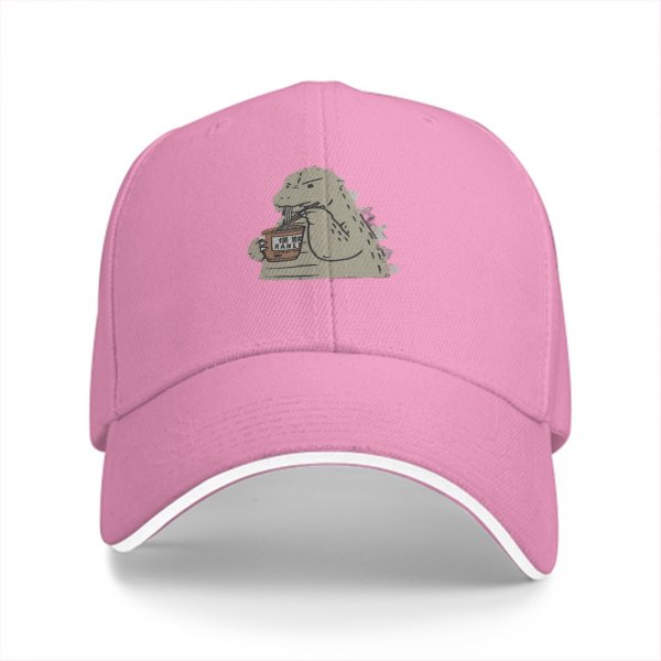 Black baseball cap with Godzilla eating ramen graphic