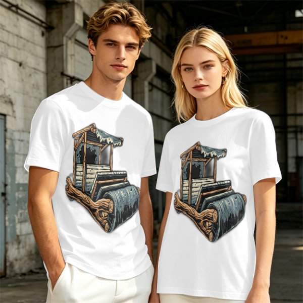 Olive T-Shirt With Rustic Wooden Cart Print
