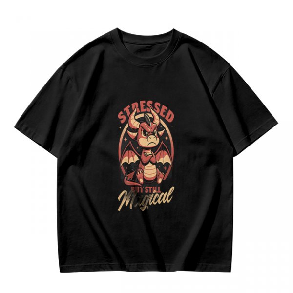 Olive graphic t-shirt with stressed but still magical dragon print
