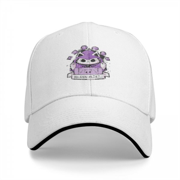 Black baseball cap with purple wizard cat and dice graphic