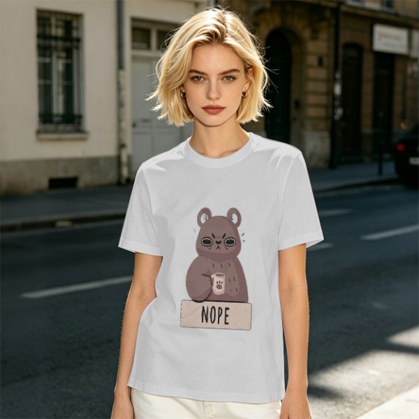 Olive T-Shirt With Grumpy Bear Holding Coffee Mug And 'NOPE' Print