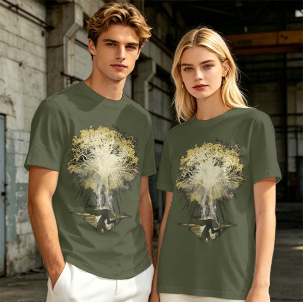 Olive Green T-Shirt With Glowing Tree Reflection Art