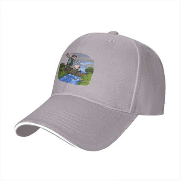 Black Baseball Cap With Cartoon Boys Crossing Stream Artwork