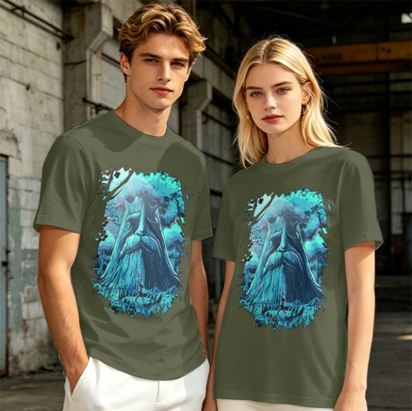 Olive Green T-Shirt With Mystical Ancient Tree Face Print