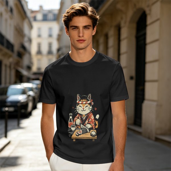 Olive T-Shirt Featuring a Cute Cat Sushi Chef Illustration