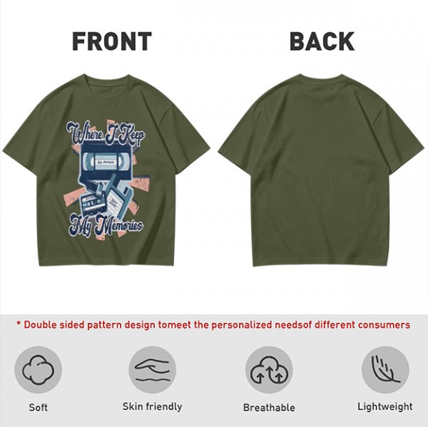 Olive Retro T-Shirt With Vintage Media Print 'Where I Keep My Memories'