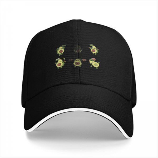 Black baseball cap with cartoon fitness avocado illustrations